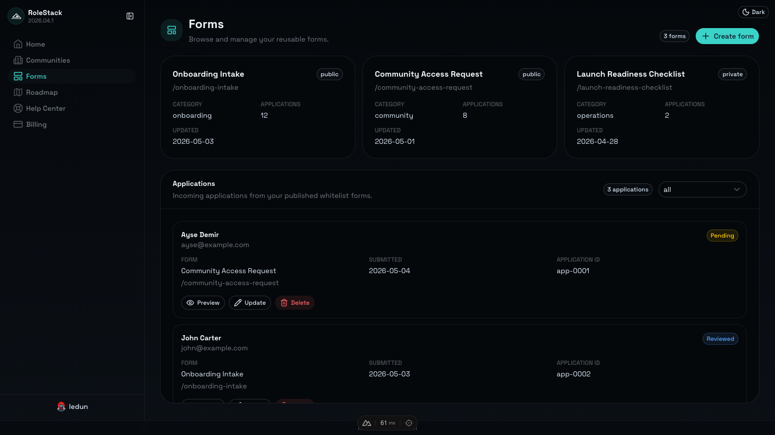 RoleStack forms dashboard screenshot